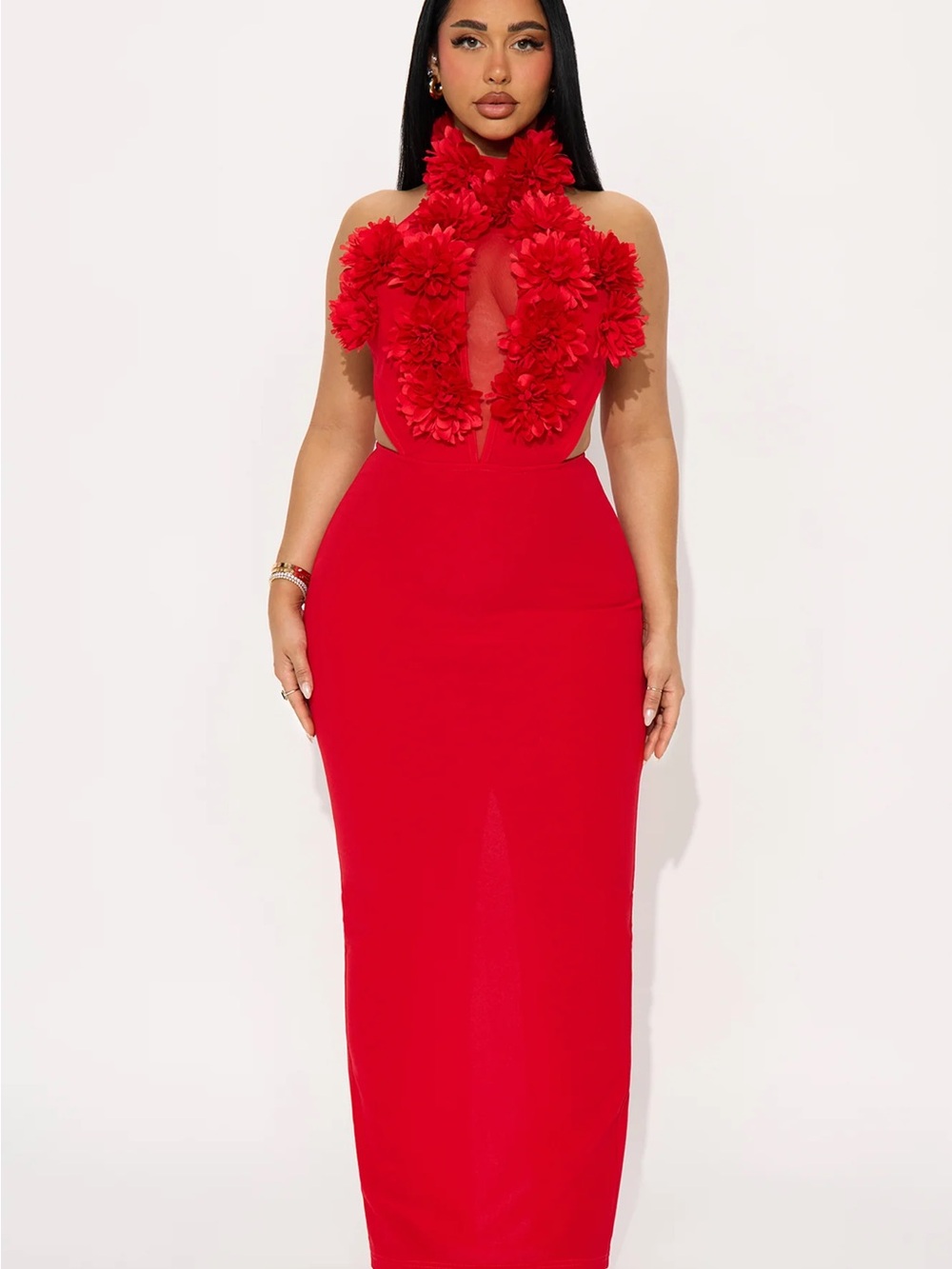 Red Floral Appliqué Halter Evening Dress